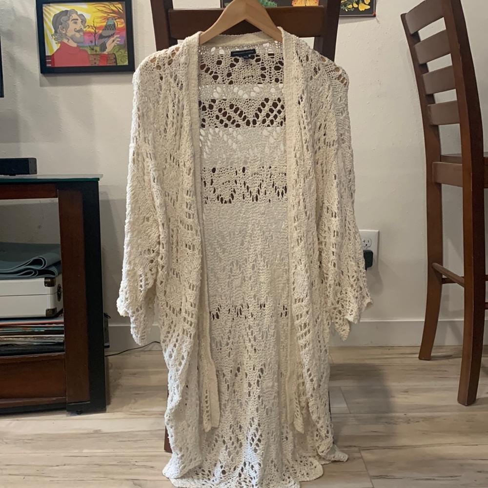 Long Off-white Crochet Cardigan